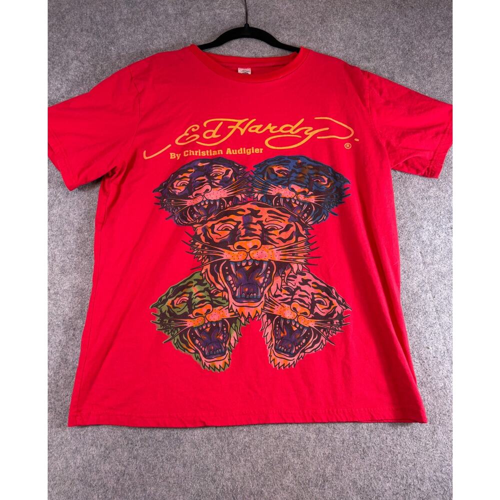VINTAGE Y2K Ed Hardy Mens T Shirt Red Christian Audigier Tiger Graphic Tee Large